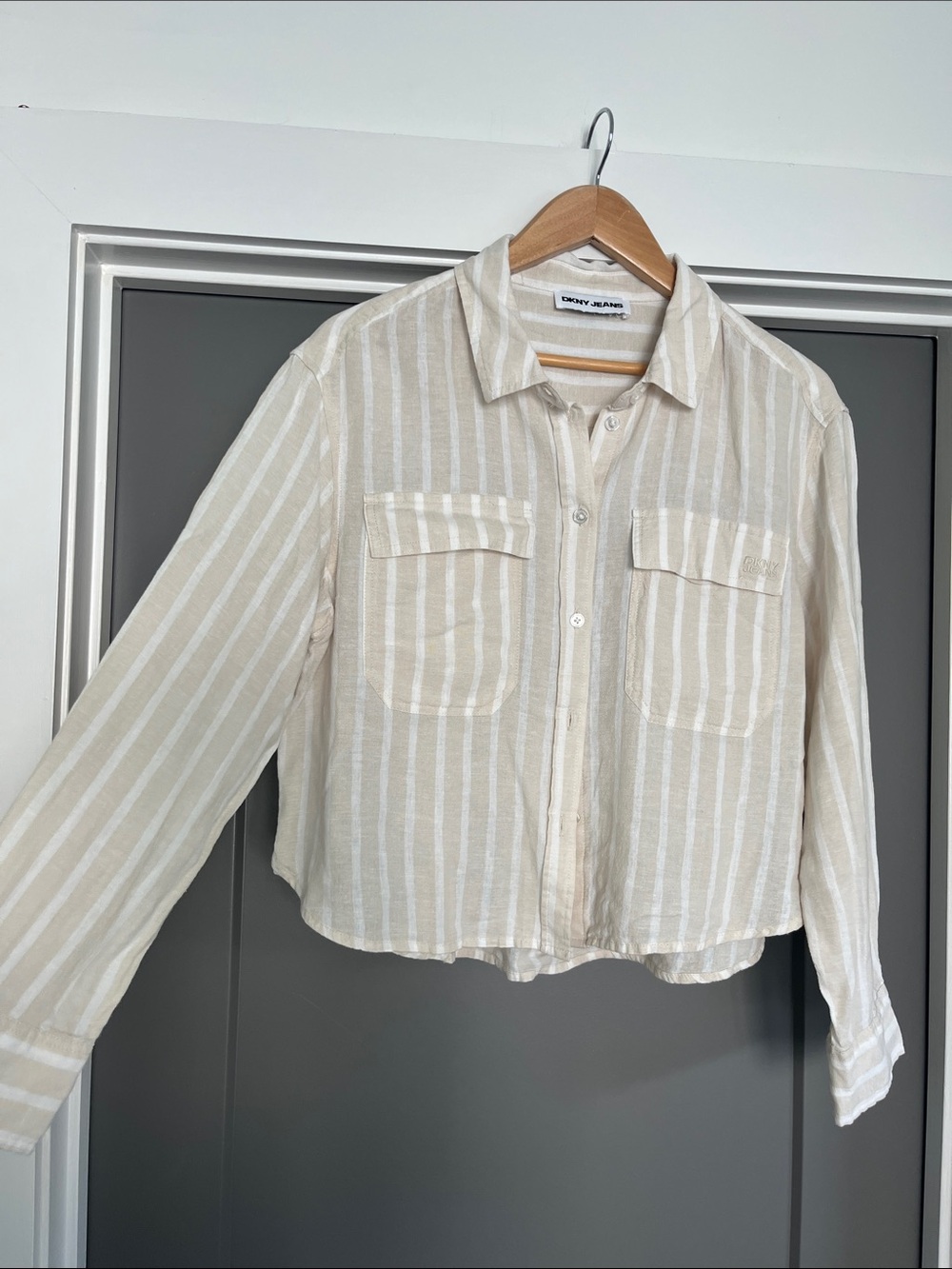 DKNY Jeans Striped Button Up Shirt - Beige & White